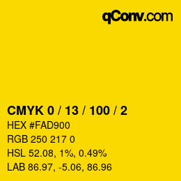 カラーコード: CMYK 0 / 13 / 100 / 2 | qconv.com