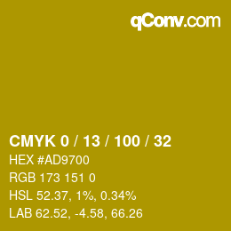 カラーコード: CMYK 0 / 13 / 100 / 32 | qconv.com