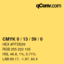 カラーコード: CMYK 0 / 13 / 59 / 0 | qconv.com