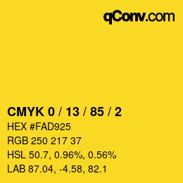 カラーコード: CMYK 0 / 13 / 85 / 2 | qconv.com