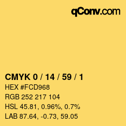 カラーコード: CMYK 0 / 14 / 59 / 1 | qconv.com