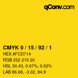 カラーコード: CMYK 0 / 15 / 92 / 1 | qconv.com