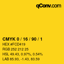 カラーコード: CMYK 0 / 16 / 90 / 1 | qconv.com