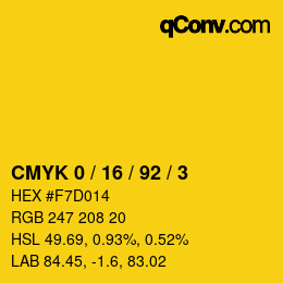 カラーコード: CMYK 0 / 16 / 92 / 3 | qconv.com