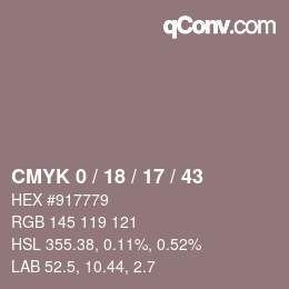 Code couleur: CMYK 0 / 18 / 17 / 43 | qconv.com