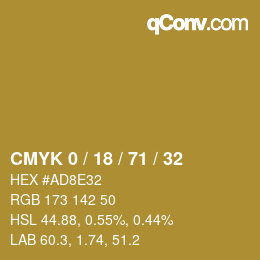 カラーコード: CMYK 0 / 18 / 71 / 32 | qconv.com