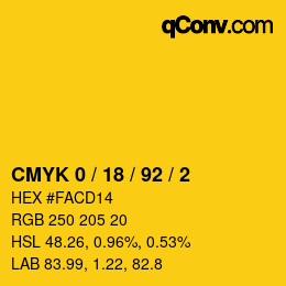 カラーコード: CMYK 0 / 18 / 92 / 2 | qconv.com