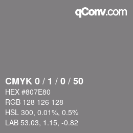 颜色代码: CMYK 0 / 1 / 0 / 50 | qconv.com
