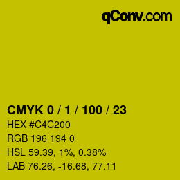 カラーコード: CMYK 0 / 1 / 100 / 23 | qconv.com