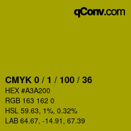 カラーコード: CMYK 0 / 1 / 100 / 36 | qconv.com