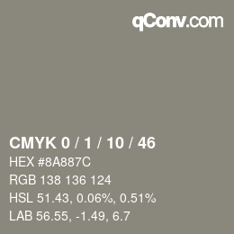 カラーコード: CMYK 0 / 1 / 10 / 46 | qconv.com