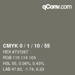 カラーコード: CMYK 0 / 1 / 10 / 55 | qconv.com