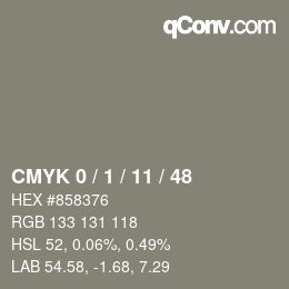 カラーコード: CMYK 0 / 1 / 11 / 48 | qconv.com