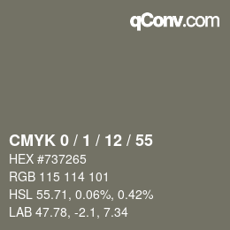 カラーコード: CMYK 0 / 1 / 12 / 55 | qconv.com