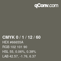 カラーコード: CMYK 0 / 1 / 12 / 60 | qconv.com