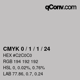 カラーコード: CMYK 0 / 1 / 1 / 24 | qconv.com