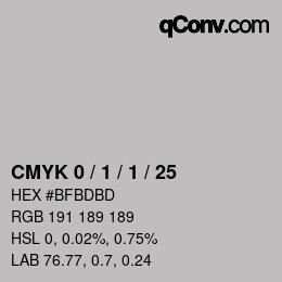 カラーコード: CMYK 0 / 1 / 1 / 25 | qconv.com