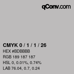 カラーコード: CMYK 0 / 1 / 1 / 26 | qconv.com