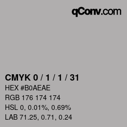 カラーコード: CMYK 0 / 1 / 1 / 31 | qconv.com