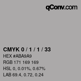 Farbcode: CMYK 0 / 1 / 1 / 33 | qconv.com
