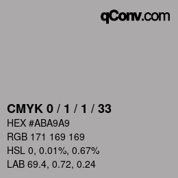 Farbcode: CMYK 0 / 1 / 1 / 33 | qconv.com