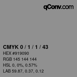 颜色代码: CMYK 0 / 1 / 1 / 43 | qconv.com