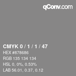 Farbcode: CMYK 0 / 1 / 1 / 47 | qconv.com