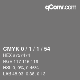 Farbcode: CMYK 0 / 1 / 1 / 54 | qconv.com