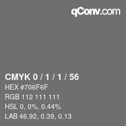 Farbcode: CMYK 0 / 1 / 1 / 56 | qconv.com