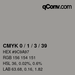 カラーコード: CMYK 0 / 1 / 3 / 39 | qconv.com