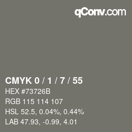 カラーコード: CMYK 0 / 1 / 7 / 55 | qconv.com