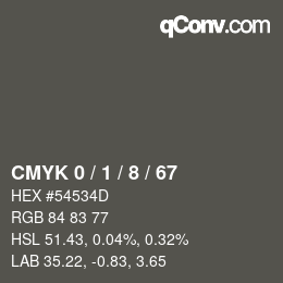 Código de color: CMYK 0 / 1 / 8 / 67 | qconv.com