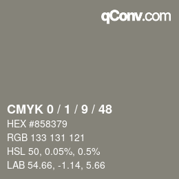 カラーコード: CMYK 0 / 1 / 9 / 48 | qconv.com