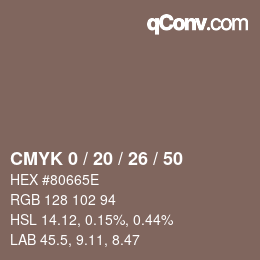 Code couleur: CMYK 0 / 20 / 26 / 50 | qconv.com