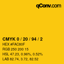 Code couleur: CMYK 0 / 20 / 94 / 2 | qconv.com