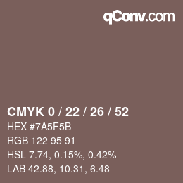 Code couleur: CMYK 0 / 22 / 26 / 52 | qconv.com