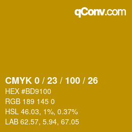 カラーコード: CMYK 0 / 23 / 100 / 26 | qconv.com
