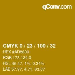 カラーコード: CMYK 0 / 23 / 100 / 32 | qconv.com