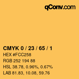 カラーコード: CMYK 0 / 23 / 65 / 1 | qconv.com