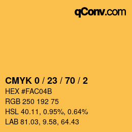 カラーコード: CMYK 0 / 23 / 70 / 2 | qconv.com
