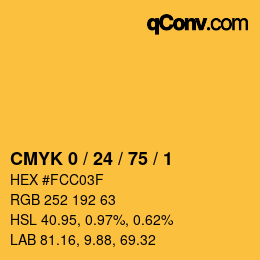 カラーコード: CMYK 0 / 24 / 75 / 1 | qconv.com