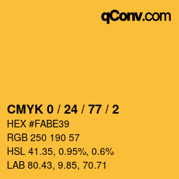 カラーコード: CMYK 0 / 24 / 77 / 2 | qconv.com