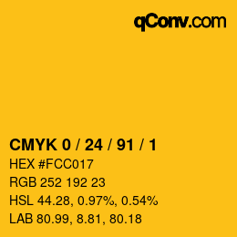 カラーコード: CMYK 0 / 24 / 91 / 1 | qconv.com