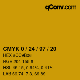 カラーコード: CMYK 0 / 24 / 97 / 20 | qconv.com
