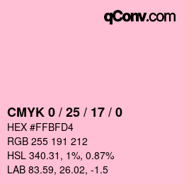 カラーコード: CMYK 0 / 25 / 17 / 0 | qconv.com