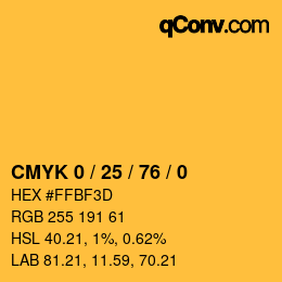 カラーコード: CMYK 0 / 25 / 76 / 0 | qconv.com