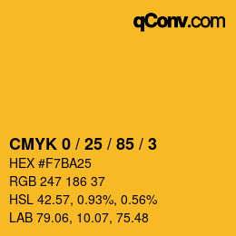 カラーコード: CMYK 0 / 25 / 85 / 3 | qconv.com