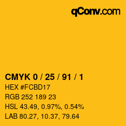 カラーコード: CMYK 0 / 25 / 91 / 1 | qconv.com
