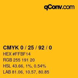 カラーコード: CMYK 0 / 25 / 92 / 0 | qconv.com