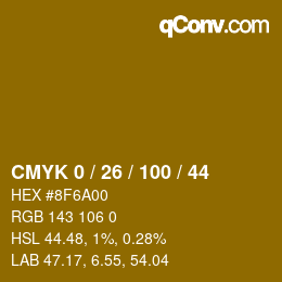 カラーコード: CMYK 0 / 26 / 100 / 44 | qconv.com